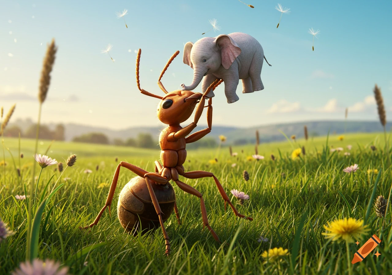 A giant ant holds a tiny elephant above its head in a sunny grassy field with dandelions floating in the air.