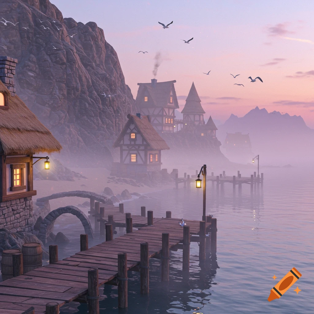 A serene fantasy coastal town at sunset, featuring traditional houses on a rocky cliffside, and a long wooden dock extending into a misty, calm sea.