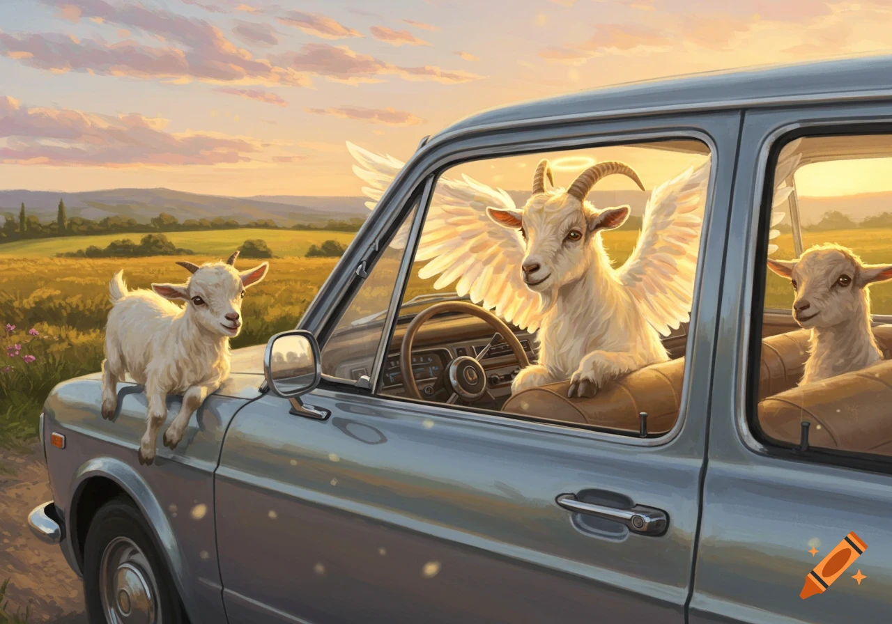 An angel goat with wings and a halo drives a car with two other goats, one inside and one on the hood, in a sunny field.
