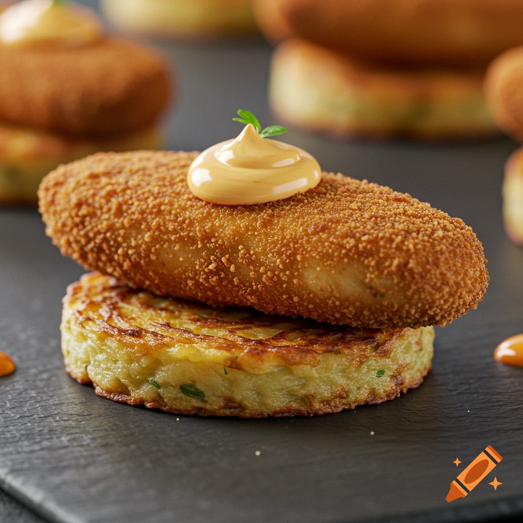 Photorealistic image of a breaded chicken goujon with sauce and herb garnish, served on a potato rosti on a dark slate surface.