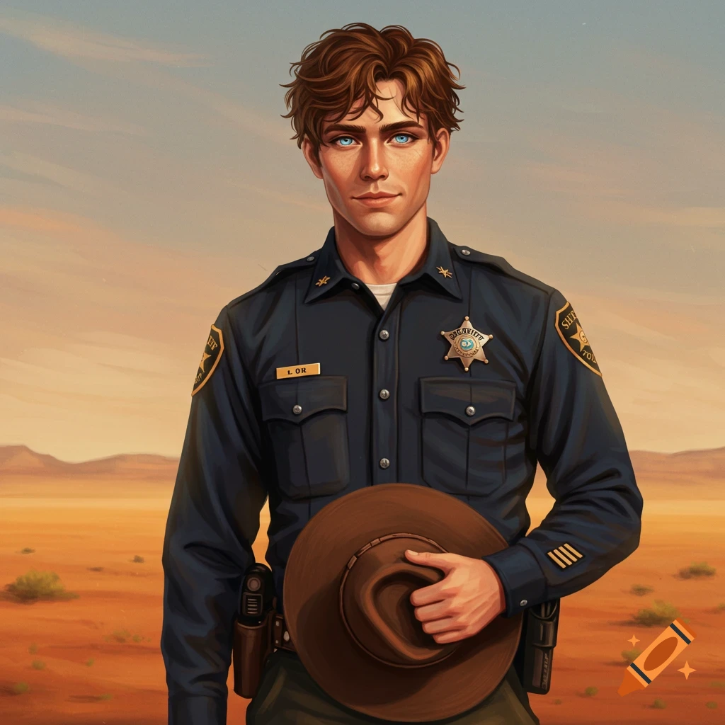 A young man with wavy brown hair and blue eyes in a sheriff uniform, holding a cowboy hat, stands in a desert.