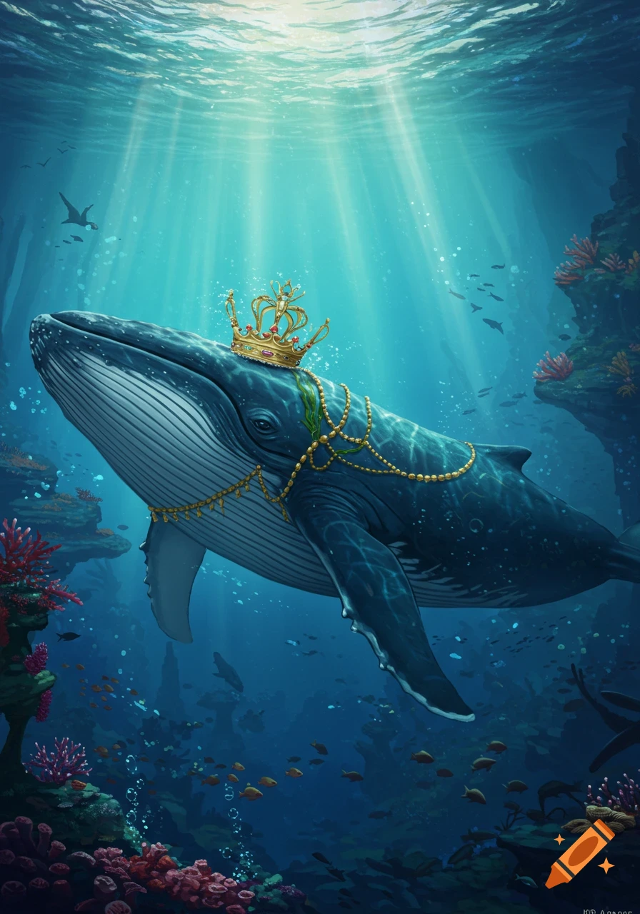 A majestic whale adorned with a golden crown and pearl necklaces swims gracefully in a brightly lit underwater kingdom with coral reefs and fish.