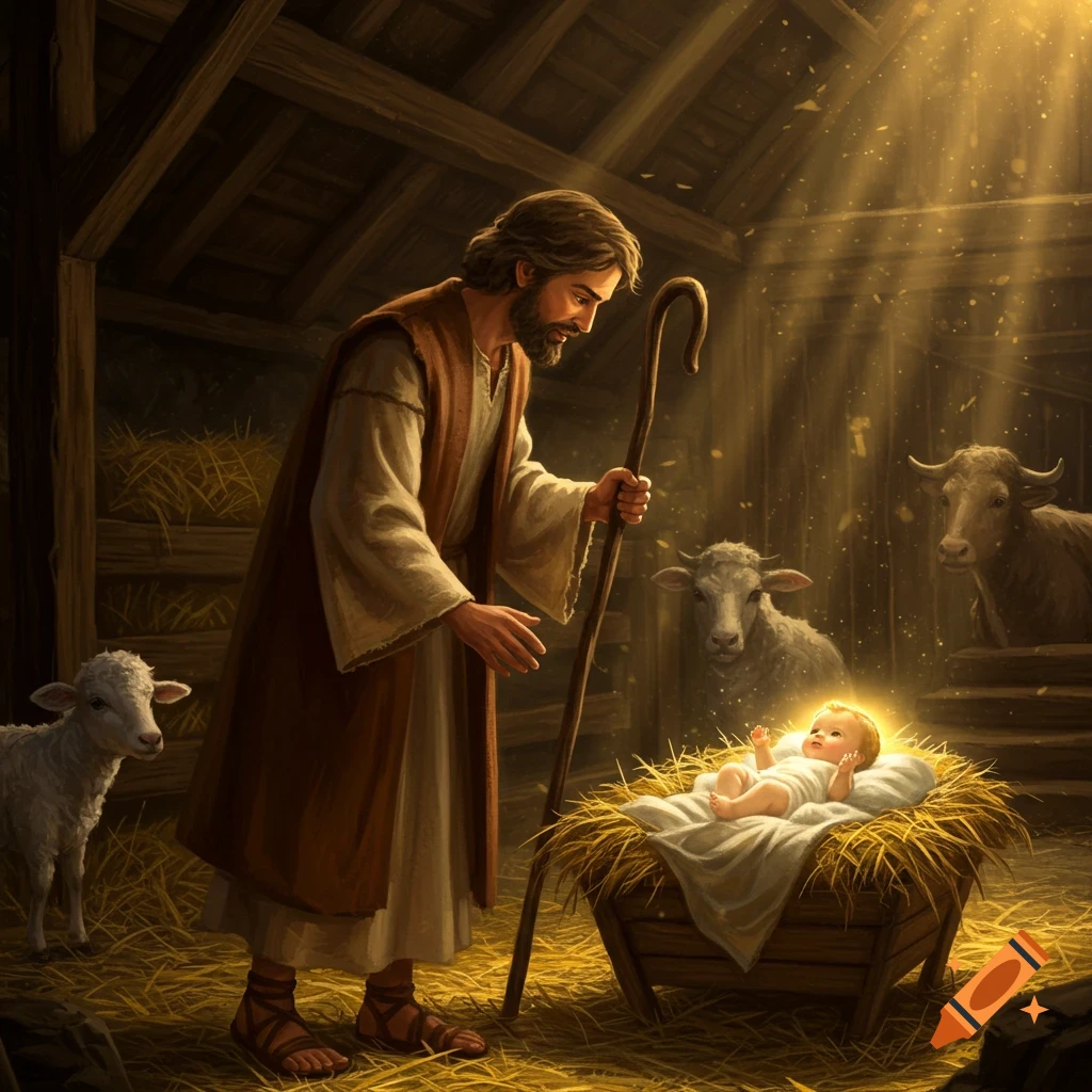 A bearded man, Joseph, holding a staff, looks down at a glowing baby Jesus in a hay-filled manger inside a stable with sheep and cows, illuminated by golden light.