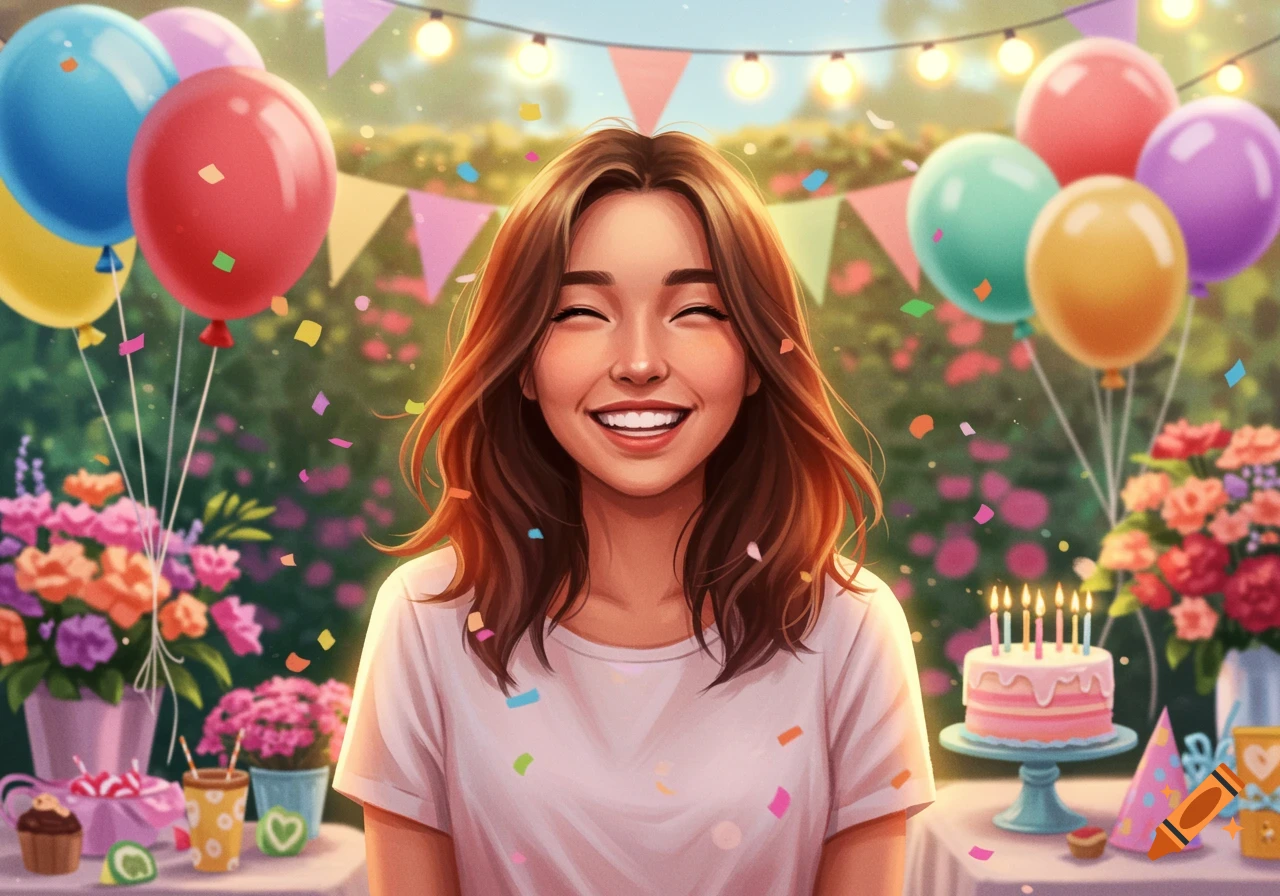 Smiling woman with eyes closed at a birthday party surrounded by balloons, confetti, and a pink cake.