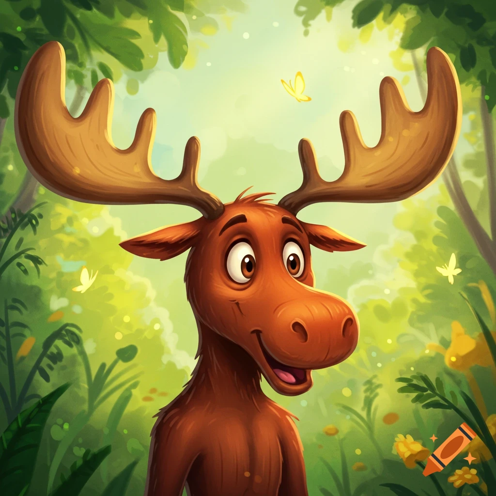 A vibrant cartoon moose with large antlers smiles in a lush green forest, with butterflies and yellow flowers.
