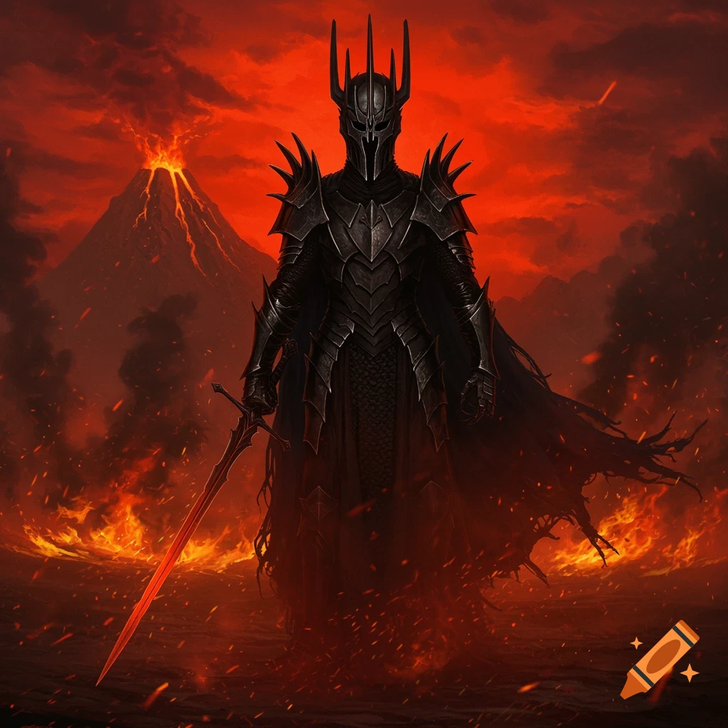 A heavily armored dark lord with a spiky crown stands in a fiery, volcanic landscape, holding a glowing red sword.