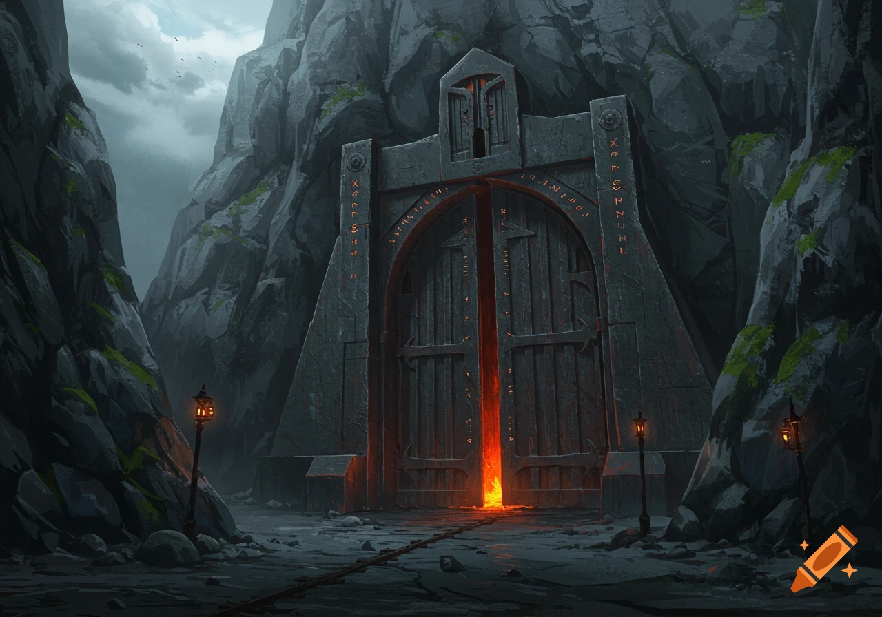 A massive stone gate with glowing red light at the bottom, set between two tall mountain cliffs, with lanterns leading to it in a fantasy art style.