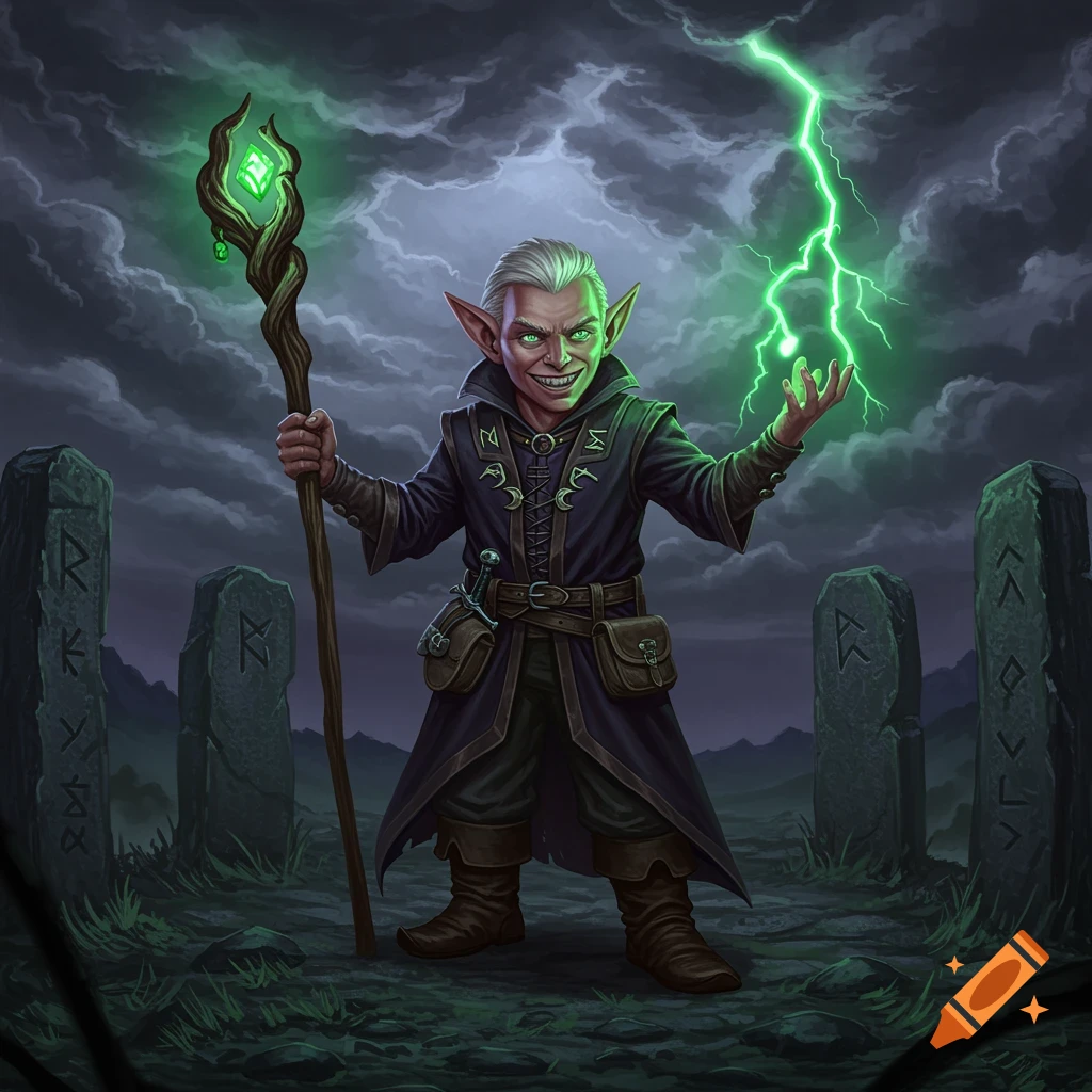 A menacing sorcerer with pointed ears and white hair grins, holding a staff and casting green lightning, against a stormy sky with rune-covered stones.