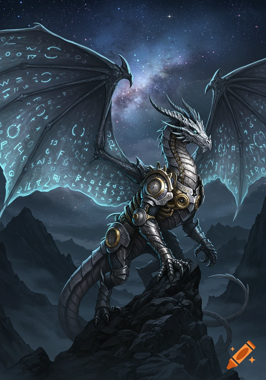 A majestic steampunk-style dragon with metallic armor and glowing blue runic symbols on its wings, standing on a rocky peak under a starry night sky.