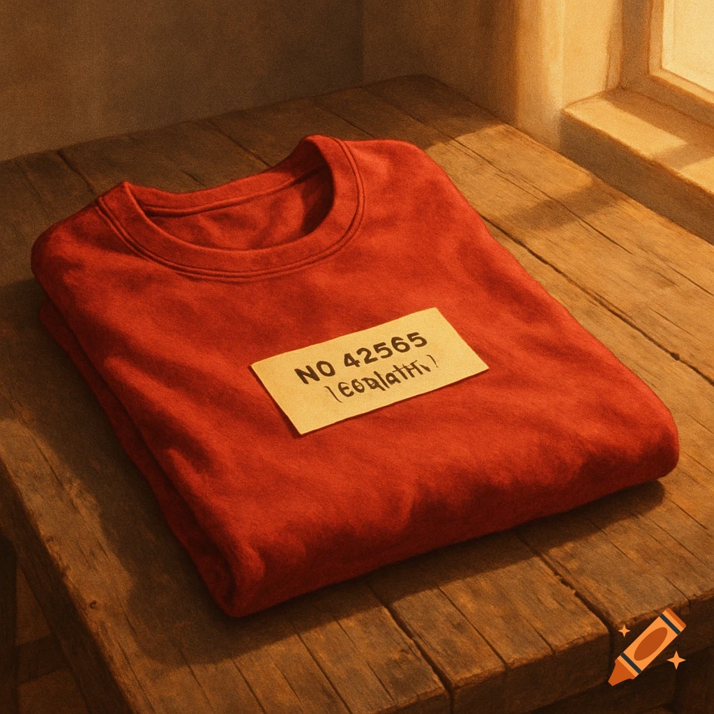 A folded red t-shirt with a tag reading 'NO 42565 IEoqlatth!' rests on a wooden table near a sunlit window.
