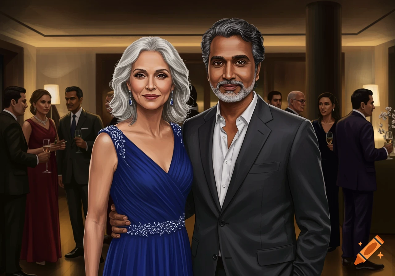 An illustrated portrait of a formally dressed older woman and man at a party with other guests in the background.