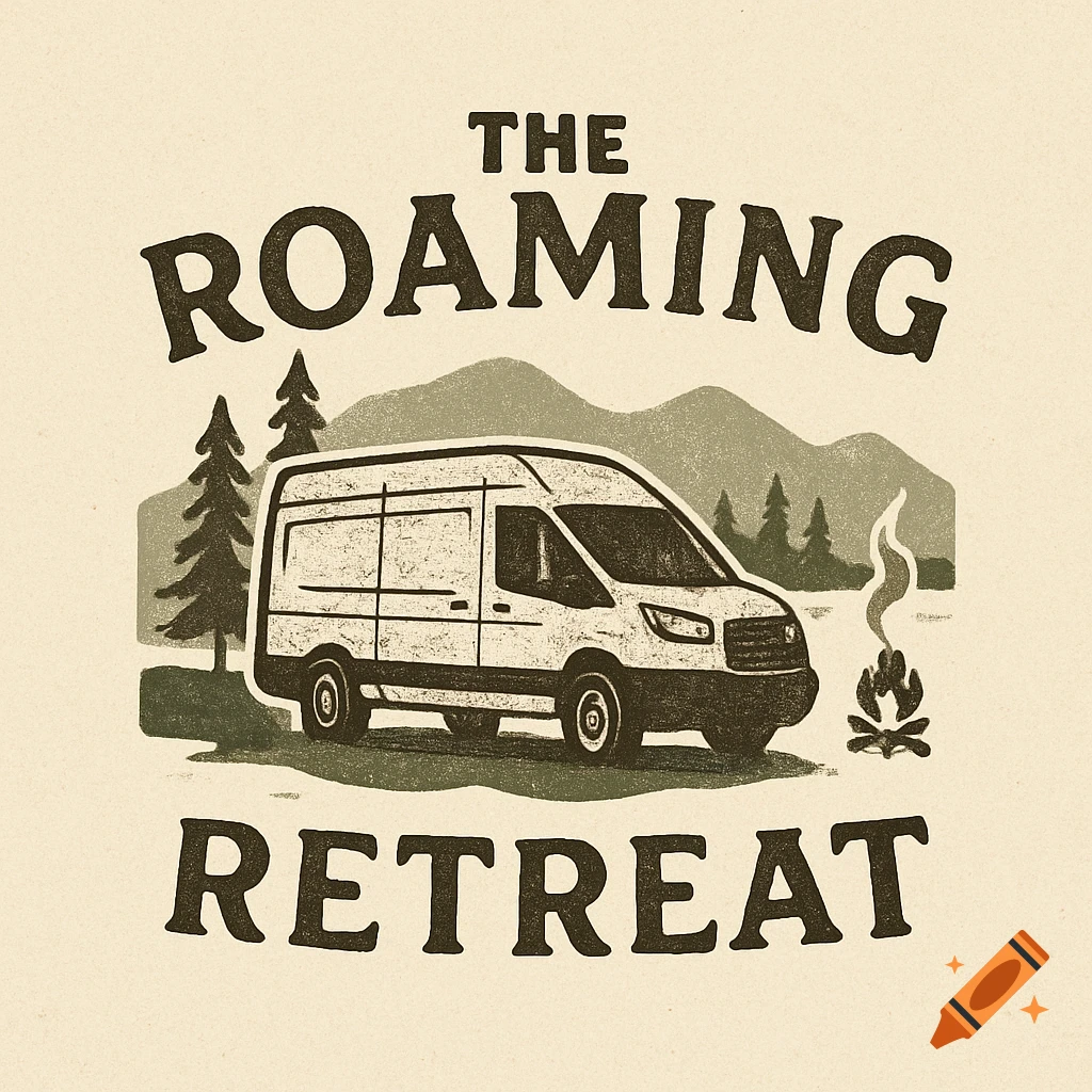 A rustic-style logo with a white high-roof van, mountains, pine trees, and a campfire, with the text "THE ROAMING RETREAT".