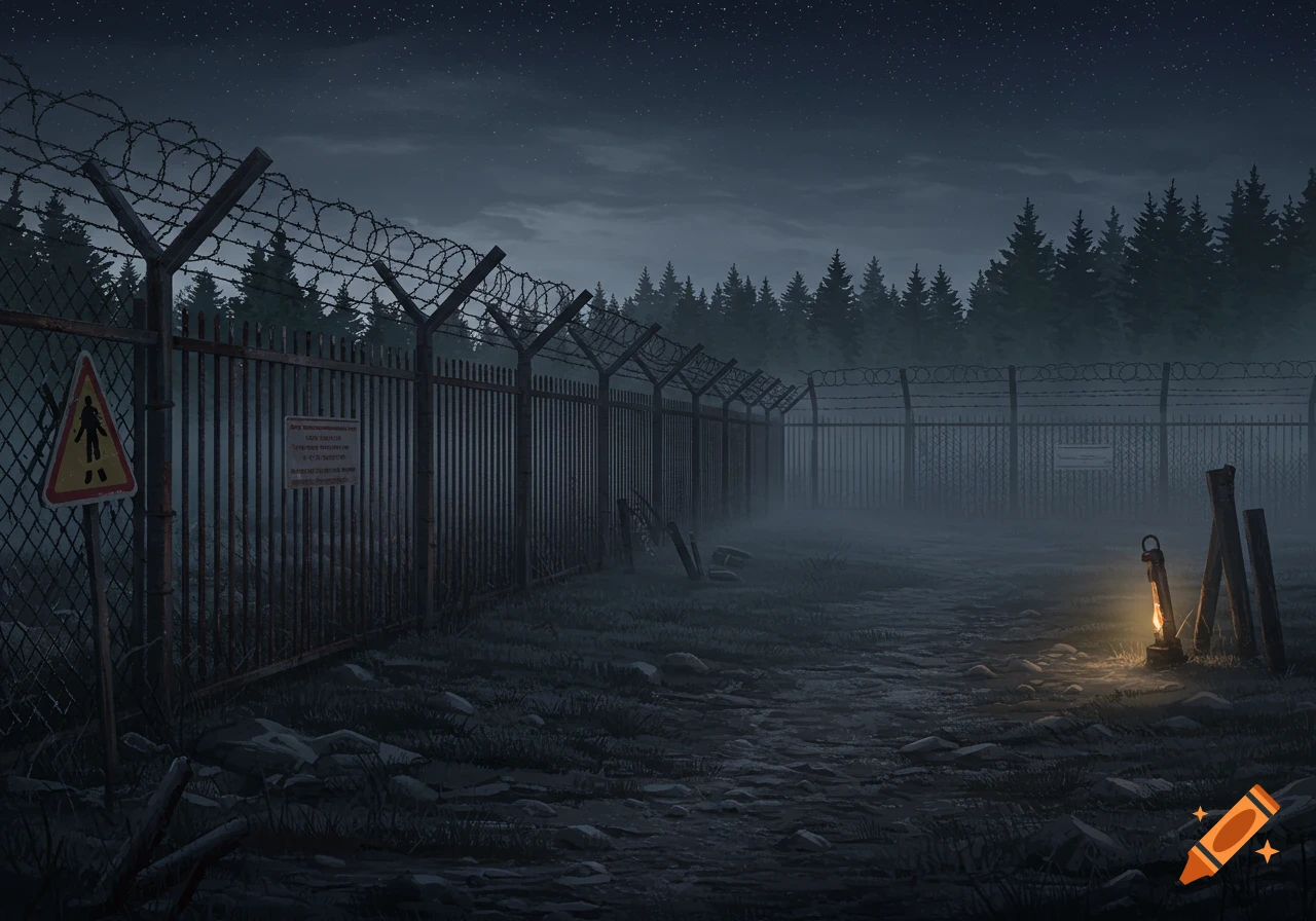 A long barbed wire fence stretches into a misty forest under a dark, starry night sky, with a warning sign and a glowing lantern.