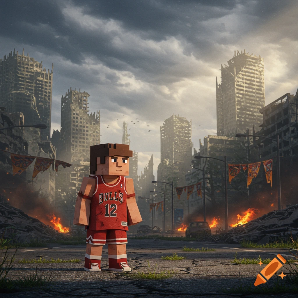 Blocky character in a red Bulls basketball jersey stands in a destroyed, apocalyptic city with ruined buildings and fires.