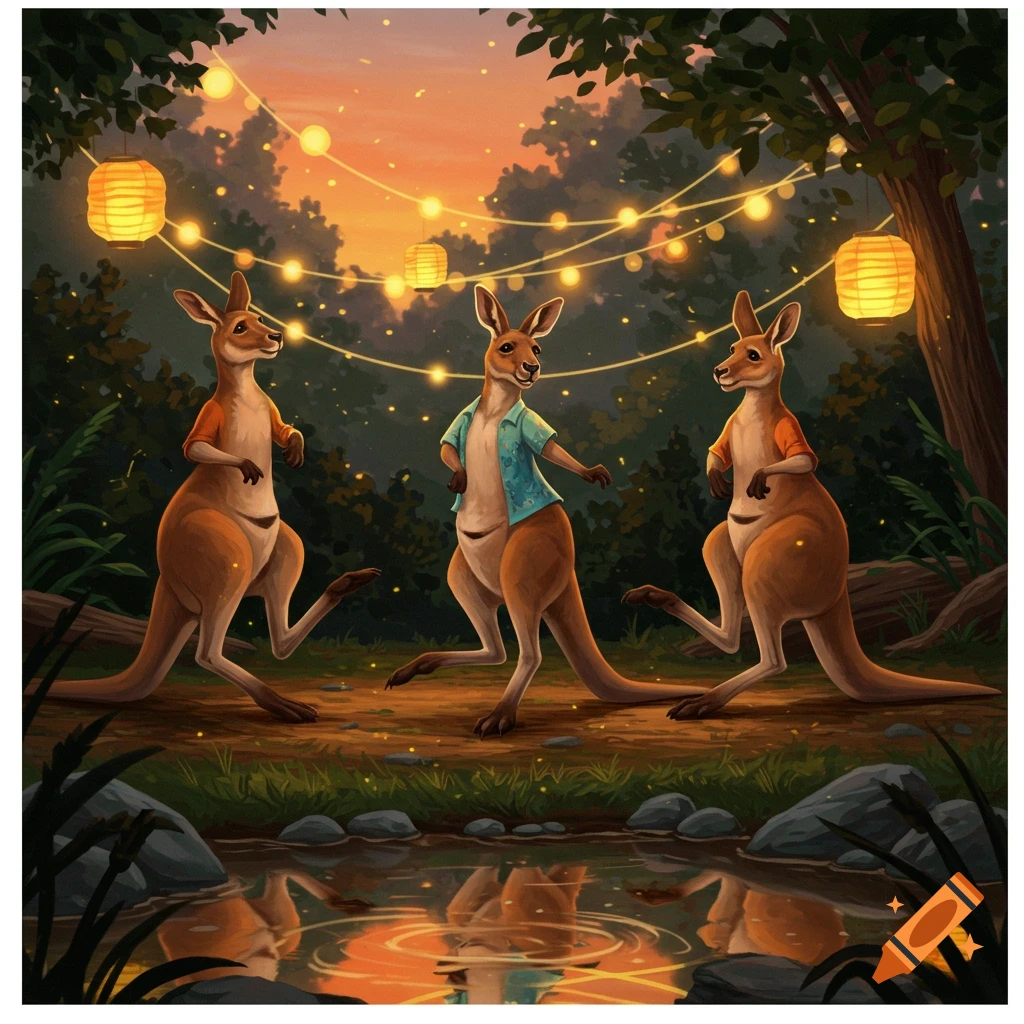 Three anthropomorphic kangaroos are having a party in a forest at sunset with string lights and lanterns reflecting in a pond.