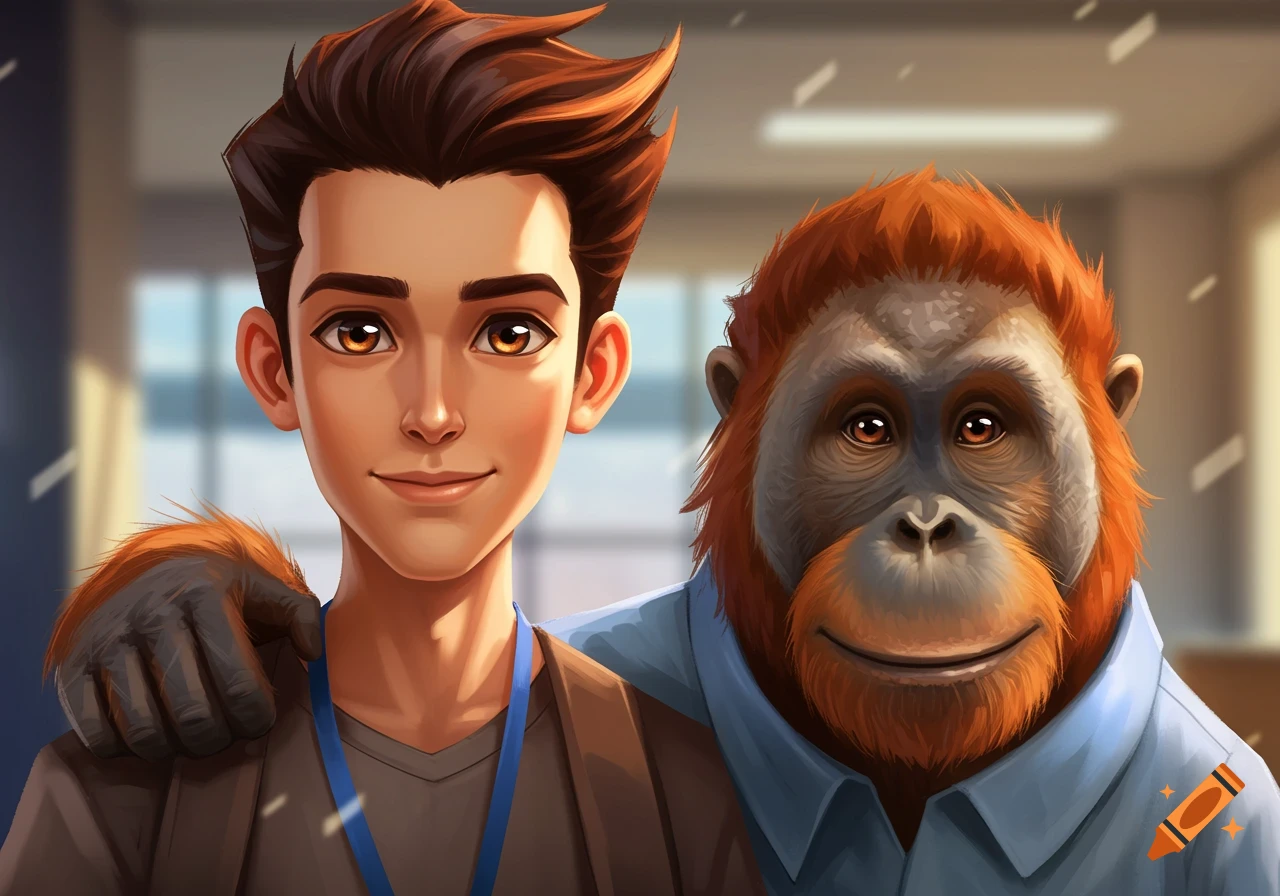 Illustrated portrait of a young man with an orangutan in a blue shirt, the ape's arm around his shoulder.