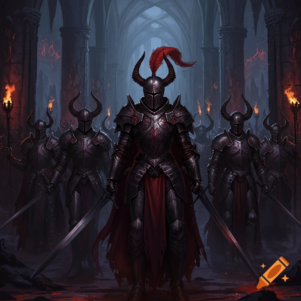 Dark fantasy knights in horned armor with swords and torches stand in a gothic hall.