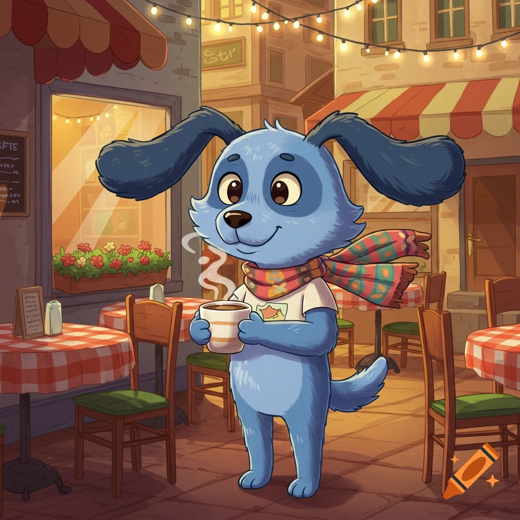 A friendly blue cartoon dog with floppy ears stands on two legs, holding a steaming cup of coffee in an outdoor cafe setting.