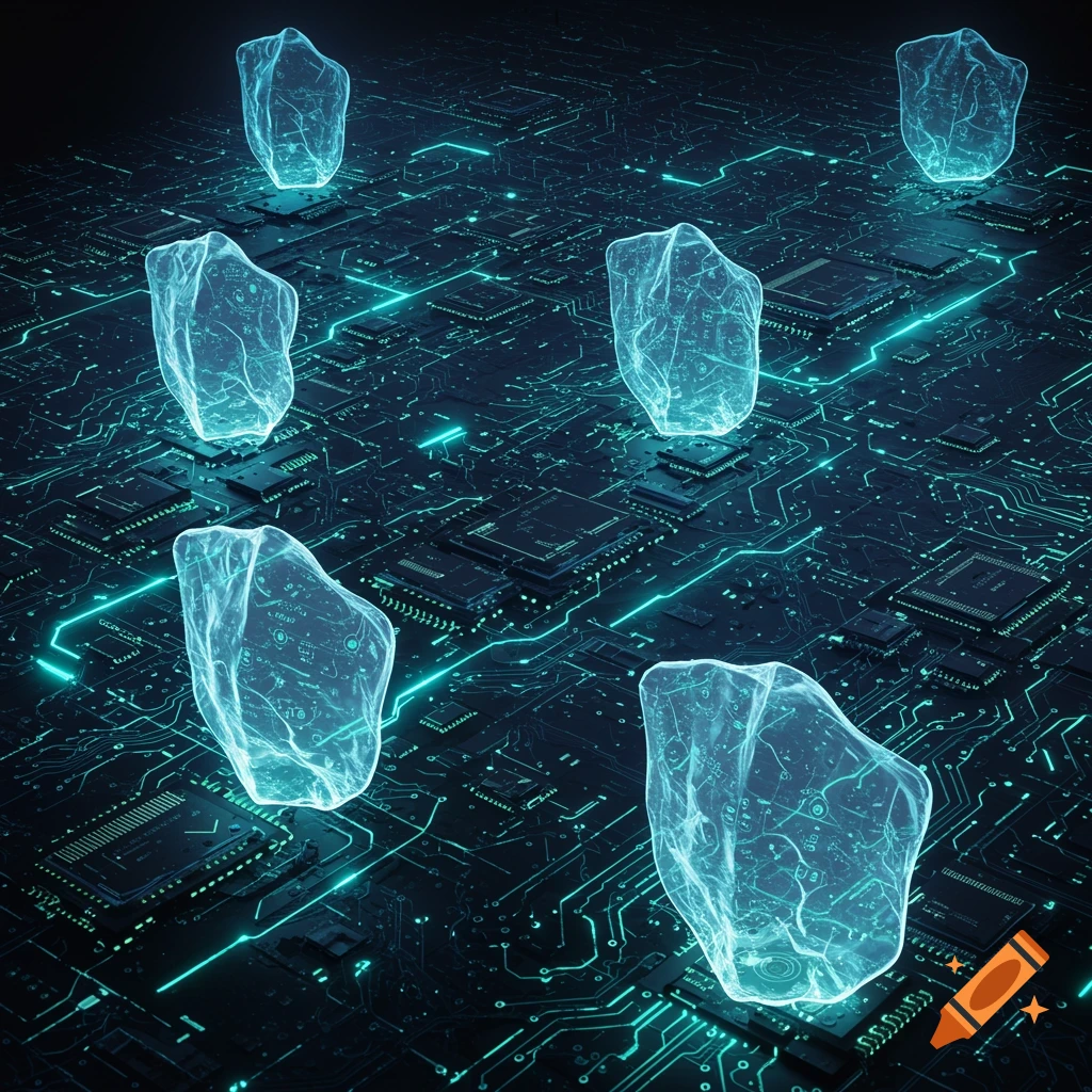 Glowing, translucent, irregular shapes float above a dark circuit board with neon cyan glowing lines.