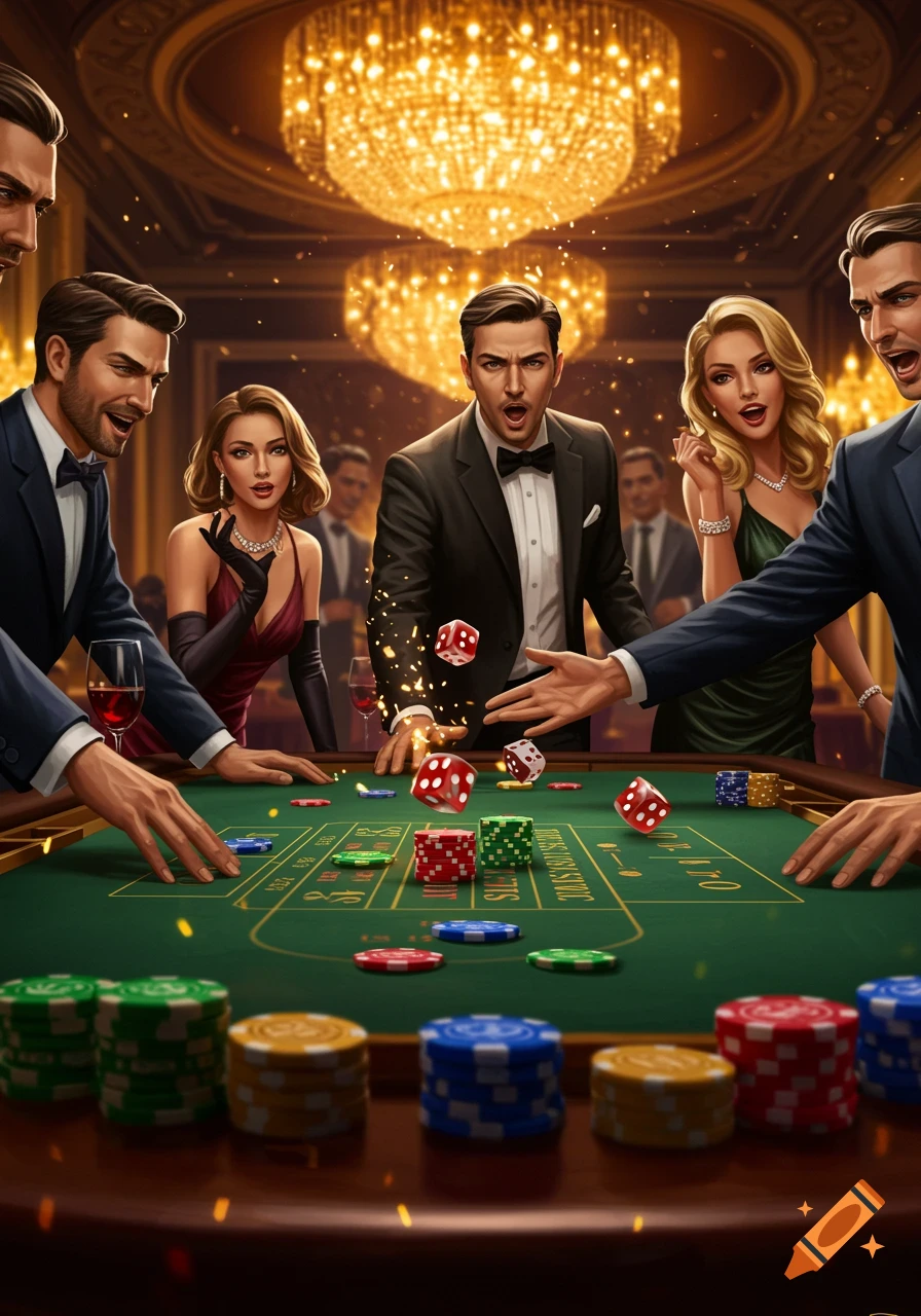 Elegant men and women in formal attire excitedly play craps at a luxurious casino table under sparkling chandeliers.