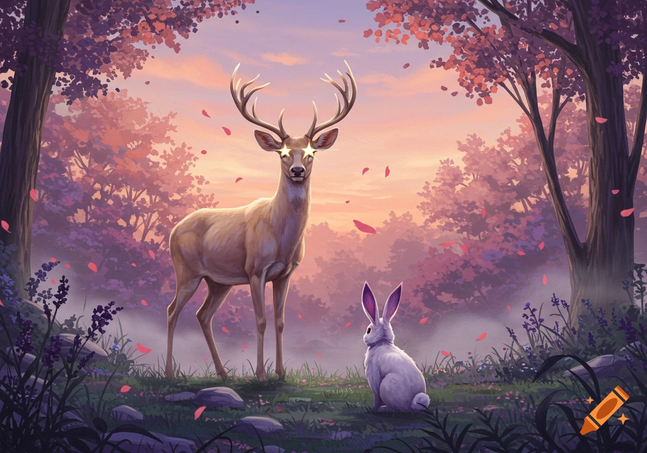 A cream-colored deer with star eyes and a white rabbit with purple ears in an enchanted forest at sunset.