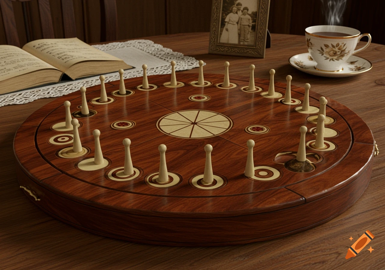 A wooden peg game board with pegs on a table, next to an open book, a framed photo, and a steaming tea cup.