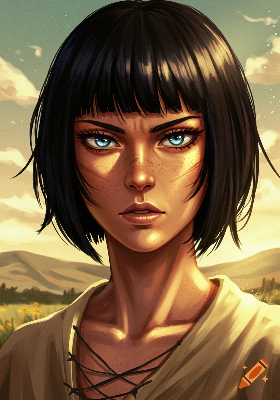An anime-style portrait of a woman with short black hair and piercing blue eyes, set against a field.
