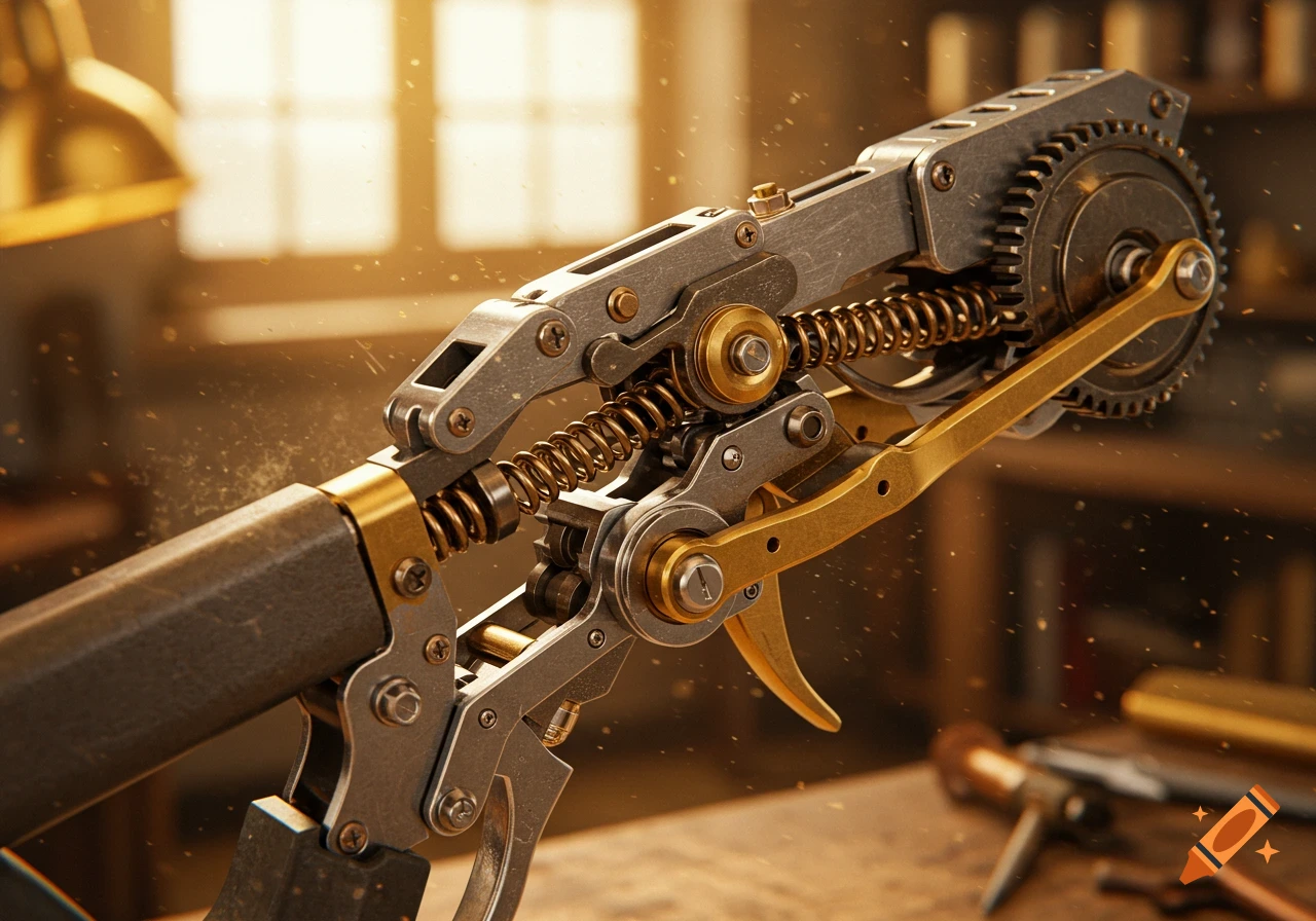 Close-up of an intricate steampunk-style mechanical device with brass and steel components, gears, and springs in a warm workshop.