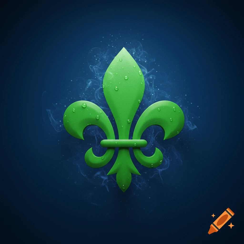 A stylized green fleur-de-lis with water droplets, against a dark blue background with faint smoke and speckles.