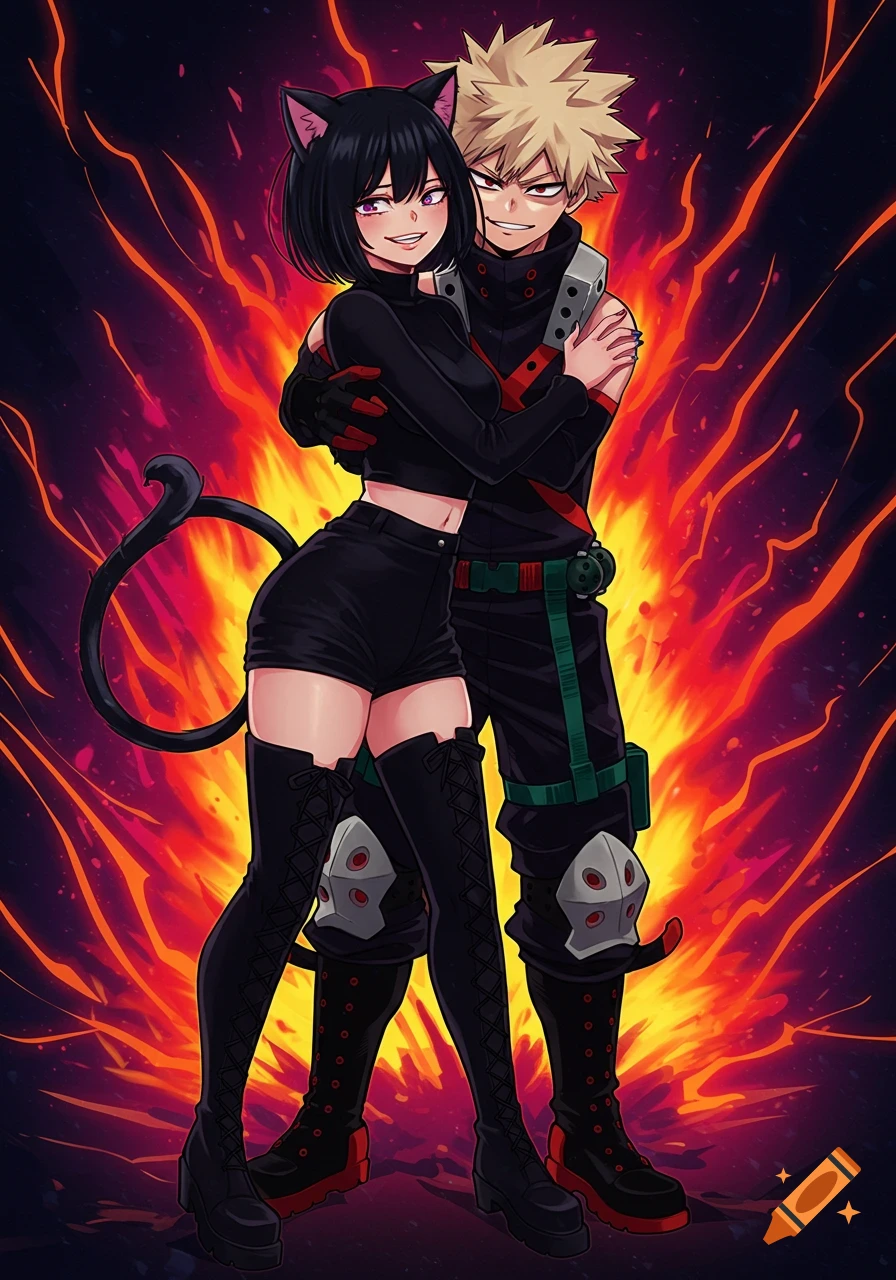 An anime illustration of a black-haired cat-girl in a crop top and shorts, embracing a blonde male character (Katsuki Bakugo) with an fiery orange and red background.