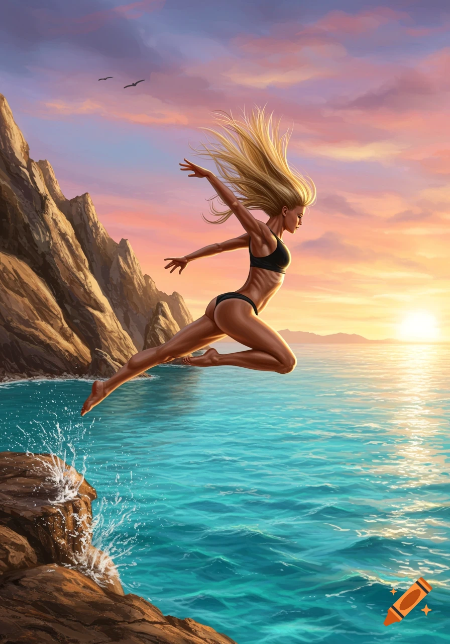 An athletic blonde woman in a black bikini jumps from a rocky cliff into a turquoise sea at sunset.