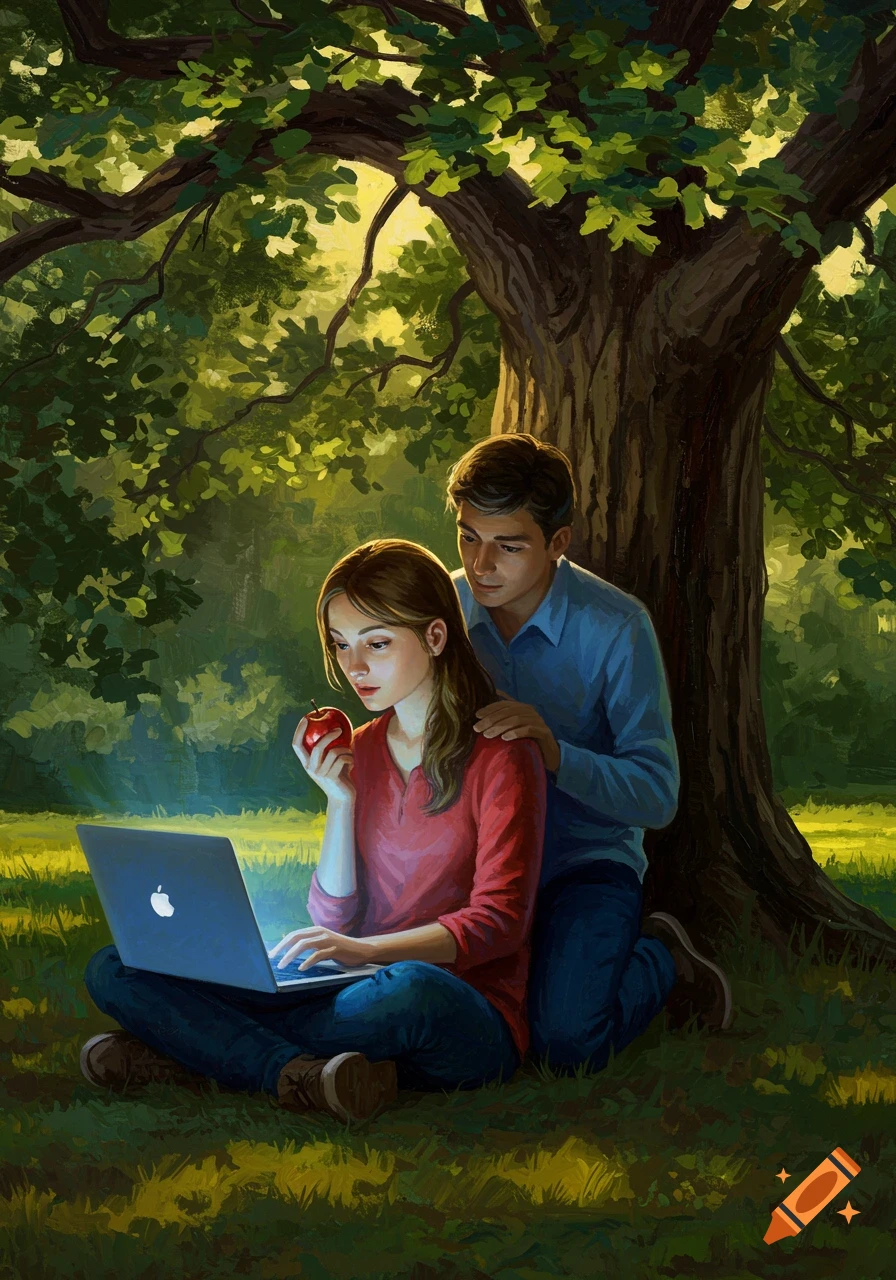 A young man and woman sit under a tree in an oil painting style. The woman looks at a glowing laptop while holding a red apple. The man leans over her shoulder.