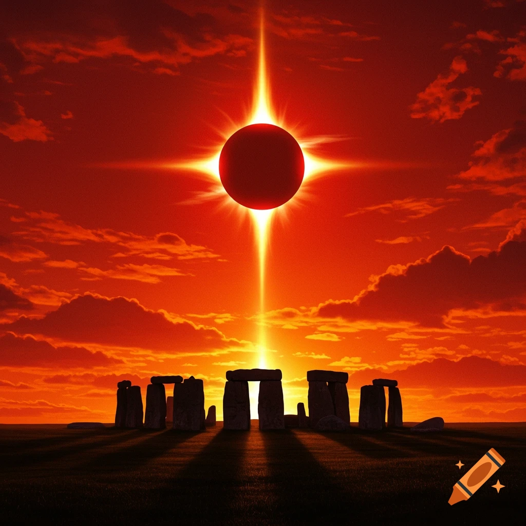 Total solar eclipse over Stonehenge under a vibrant red and orange sky.