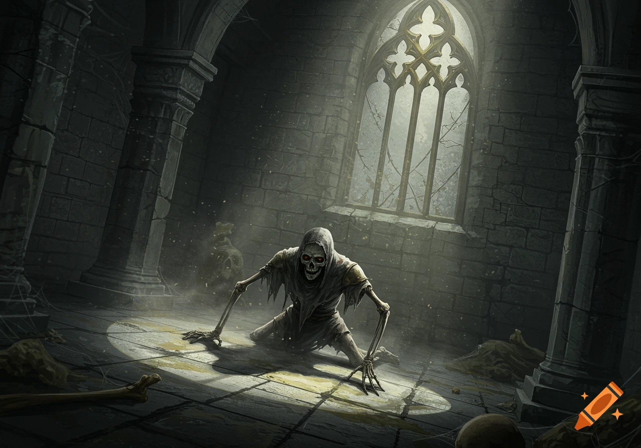 A skeletal figure in rags, with glowing red eyes, crawling on a stone floor in a dark, ancient tomb. Light streams through a gothic window.