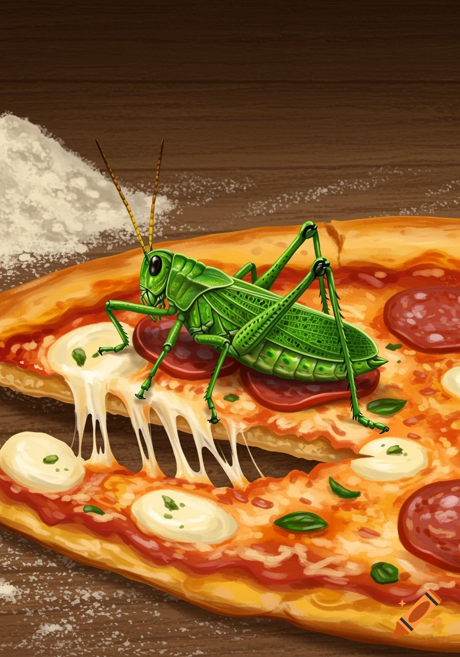A detailed illustration of a large green grasshopper perched on a cheesy slice of pepperoni pizza.