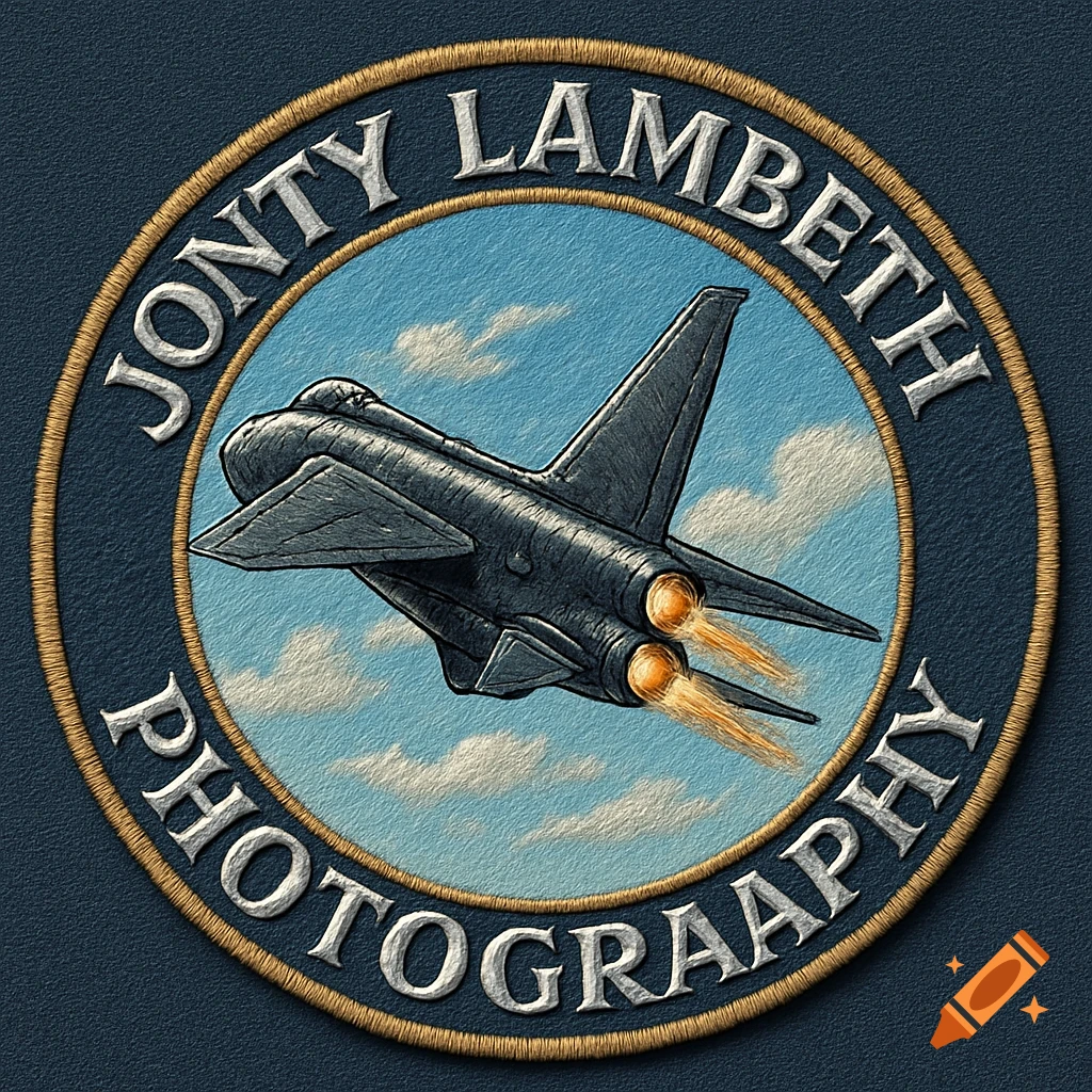 A circular embroidered aviation patch featuring a dark gray airplane with orange engine exhaust against a blue sky with white clouds, framed by the text "JONTY LAMBETH PHOTOGRAAPHY" in white.