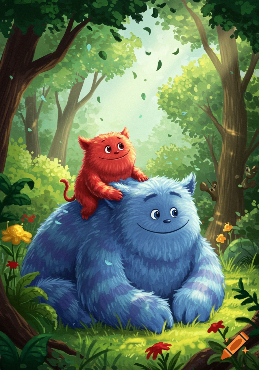 A small red furry monster rides on the back of a large blue furry monster in a lush, sunlit forest, in an illustrative style.