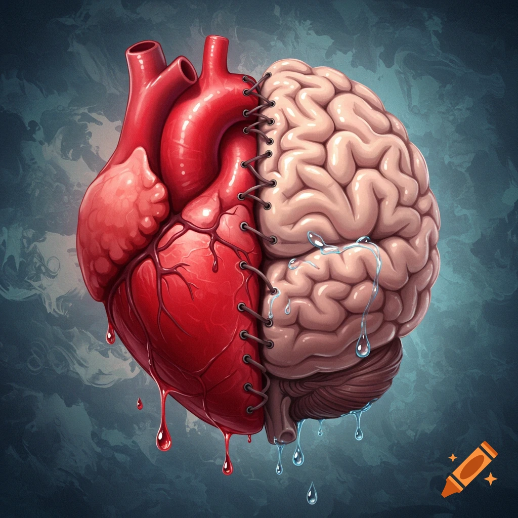 A stylized illustration of a human heart stitched to a human brain, with blood and tears dripping.
