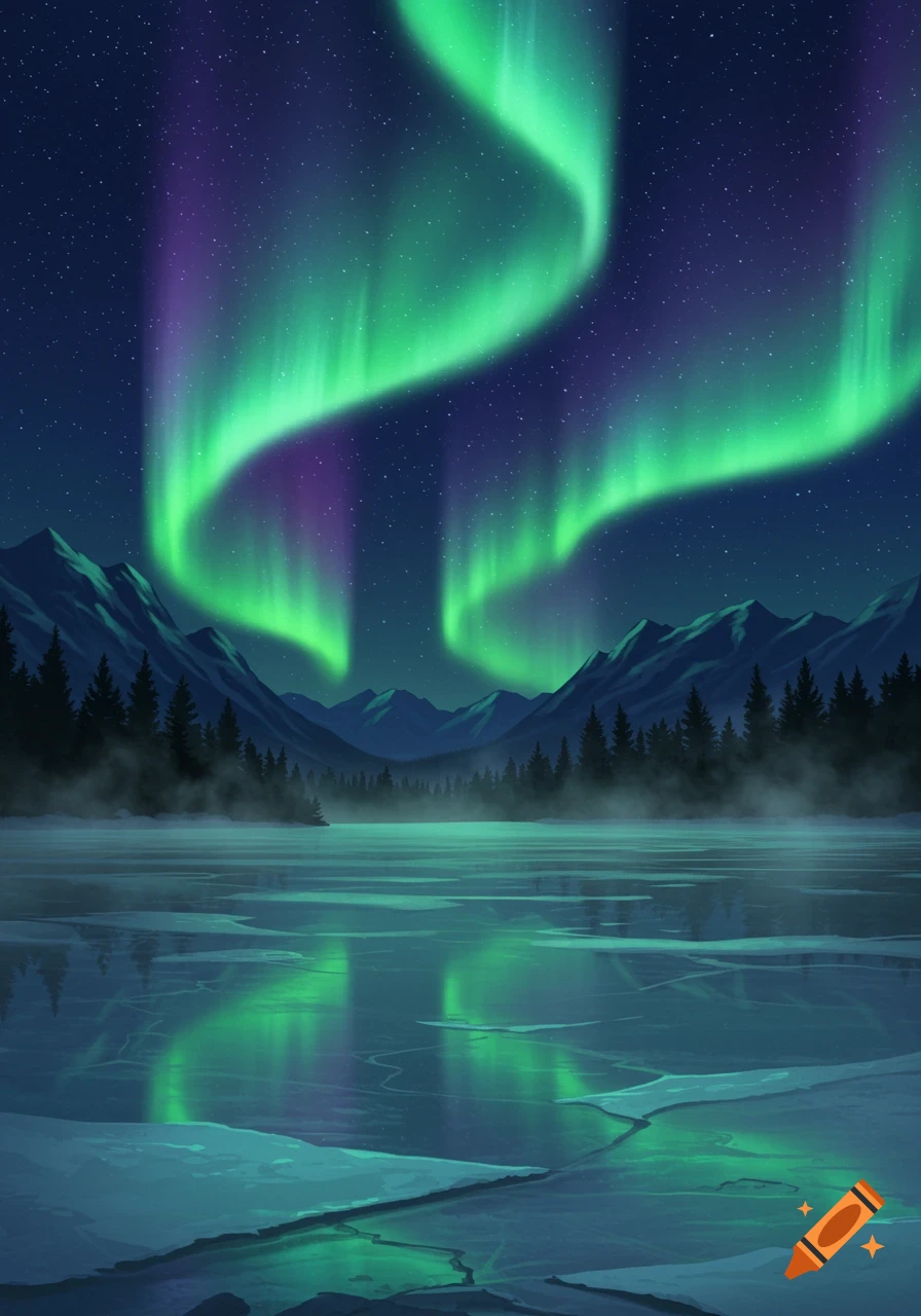 Vibrant green and purple northern lights illuminate a night sky above a frozen lake surrounded by mountains and pine trees.