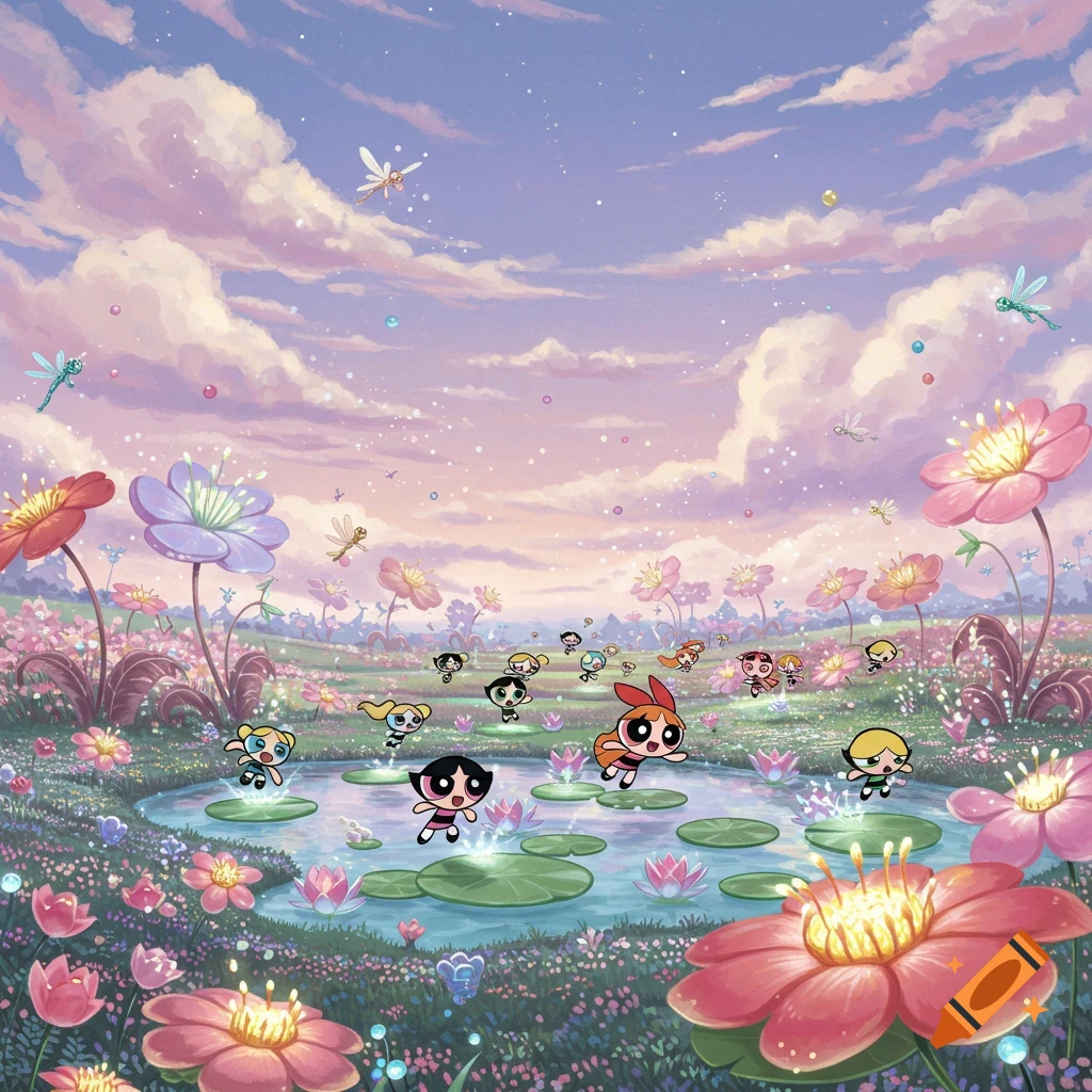 The Powerpuff Girls play in a vibrant fairyland with a pond, large flowers, dragonflies, and a pastel sky.