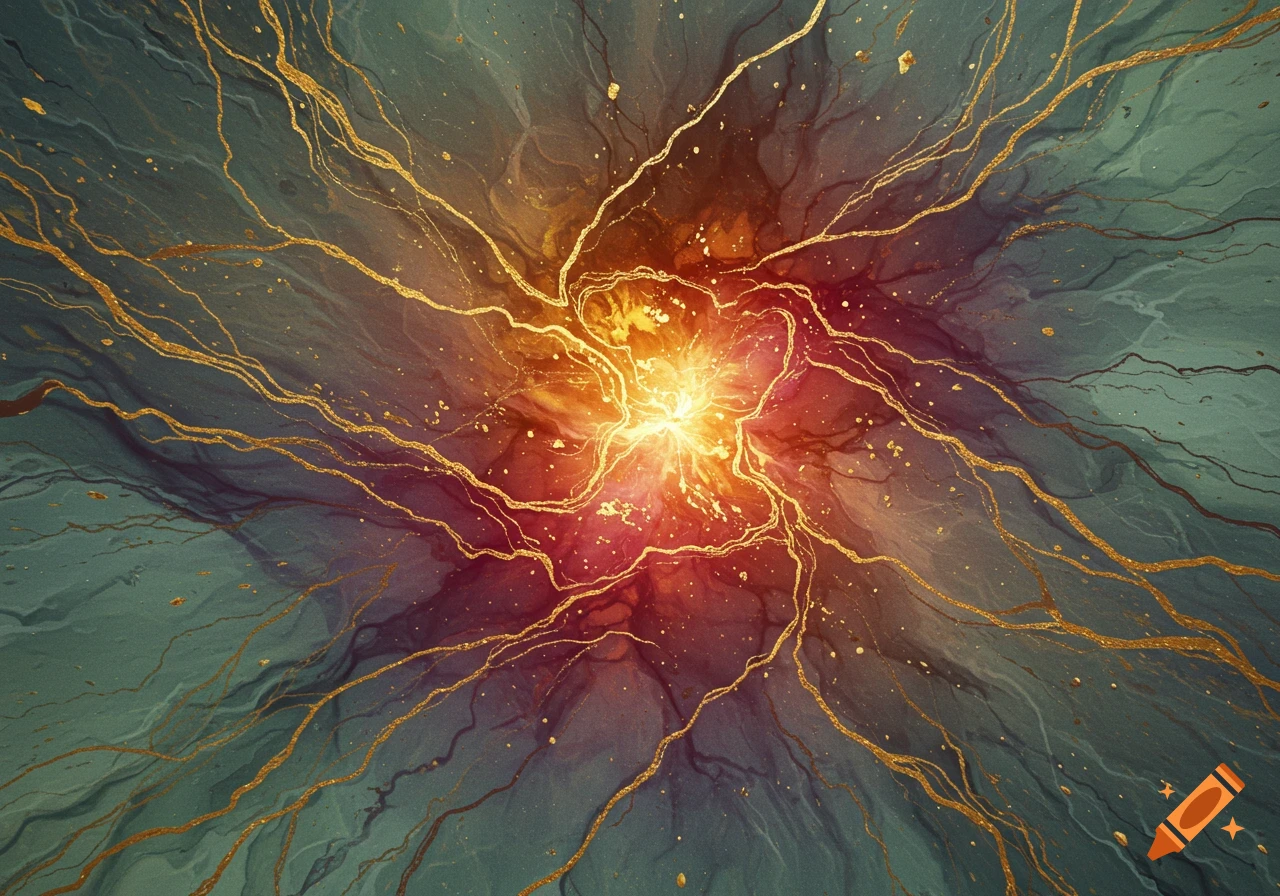 Abstract golden lines radiating from a bright orange and red energy burst on a dark teal background.