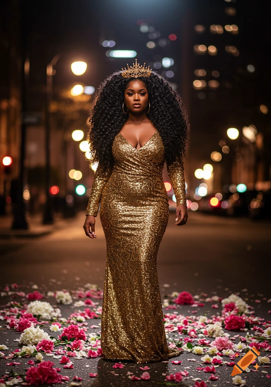 Photorealistic image of a glamorous African American woman in a sparkling gold gown and crown on a city street at night.