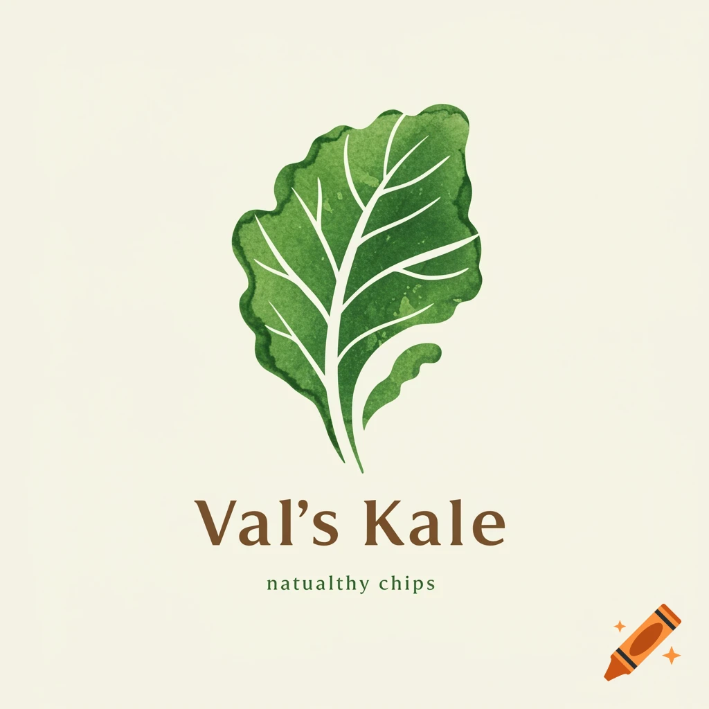 Watercolor illustration of a green kale leaf with the text "Val's Kale" and "natualthy chips" below it.