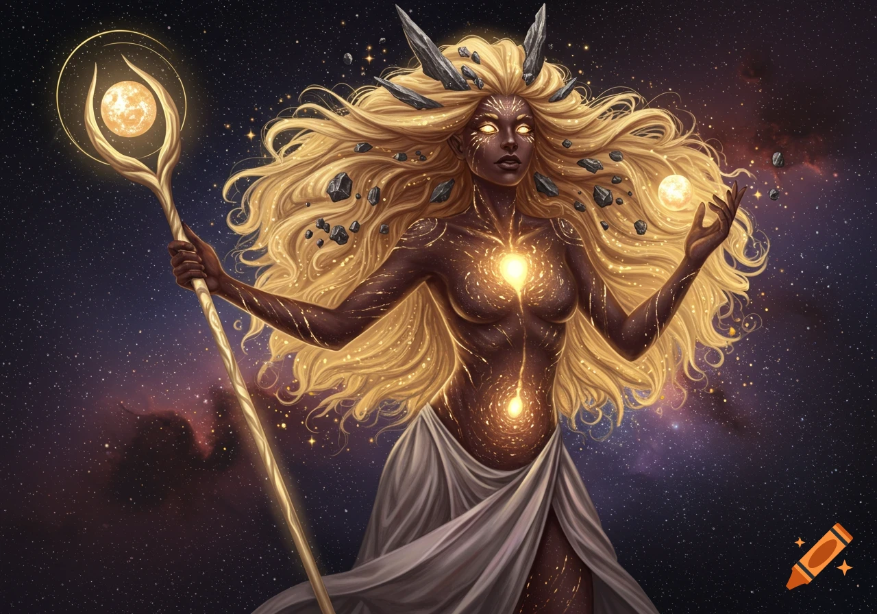 A cosmic goddess with long golden hair and glowing dark skin holds a staff and a glowing orb in a starry galaxy. Fantasy art.
