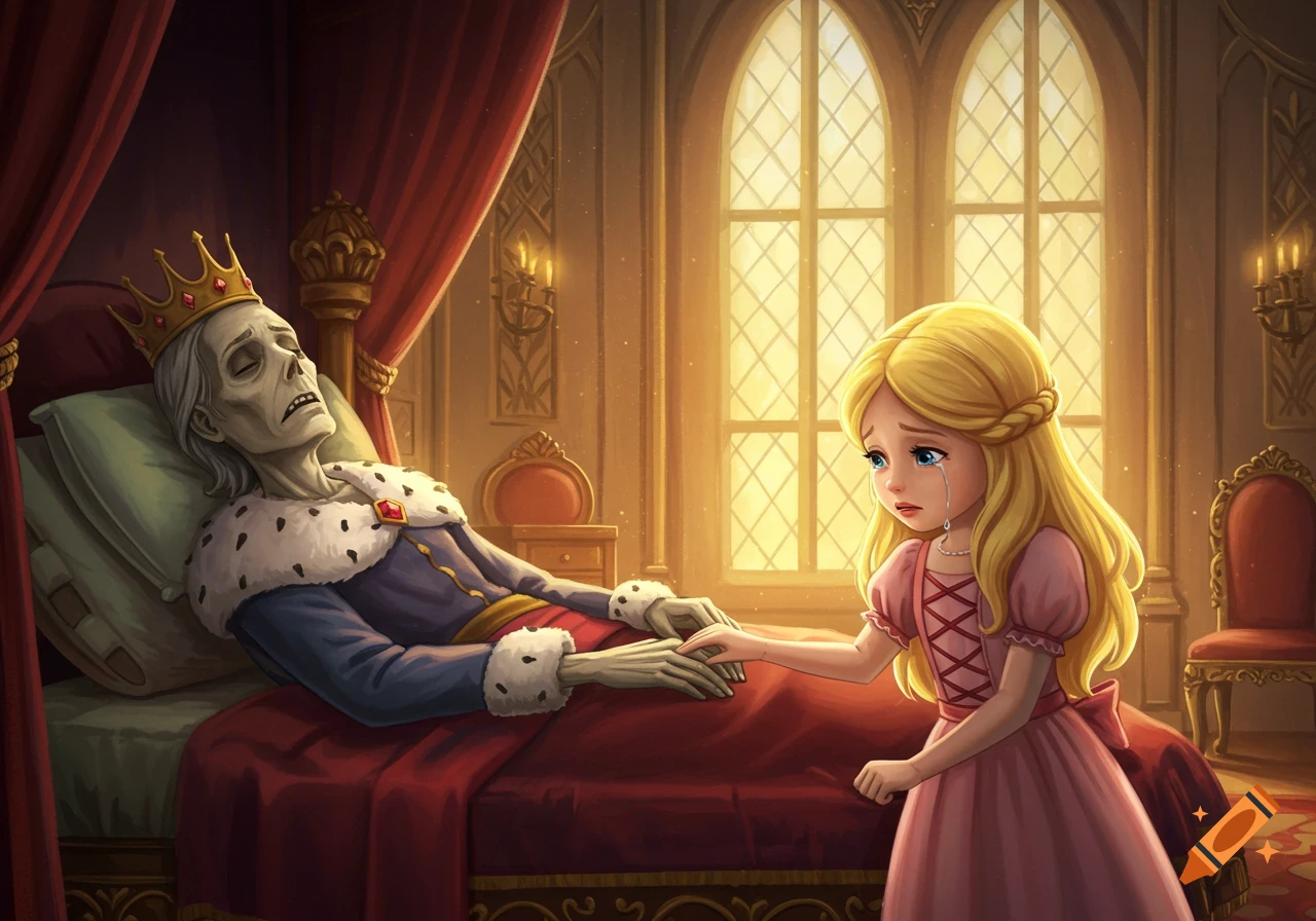 A cartoon princess in a pink dress cries while holding the pale, weak king's hand on his deathbed in a royal room.