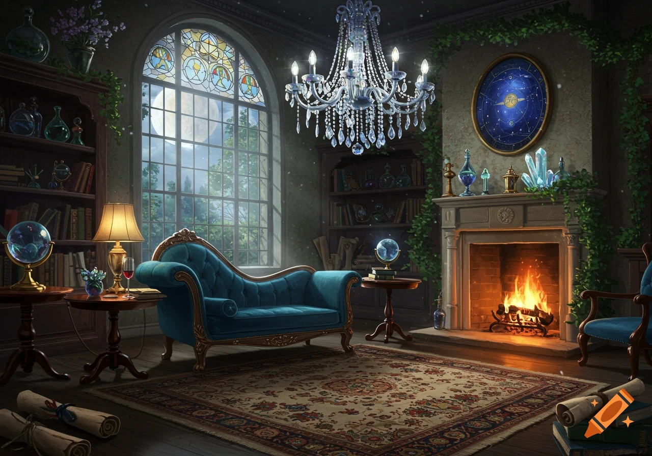 Ornate fantasy room with a blue chaise, crystal chandelier, fireplace, and large window showing a full moon at night.