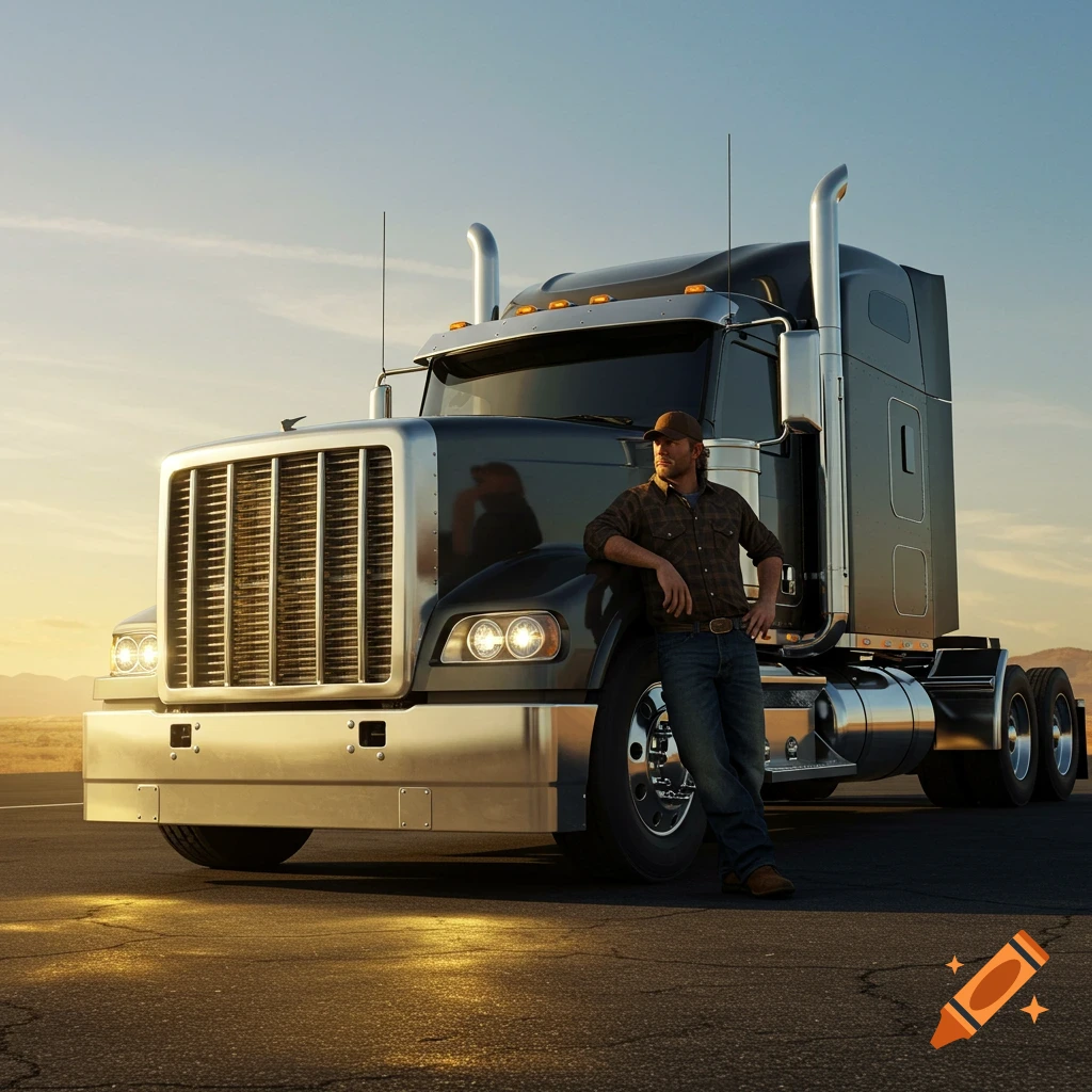 A photorealistic image of a trucker leaning against a large black semi-truck at sunset in a desert landscape.
