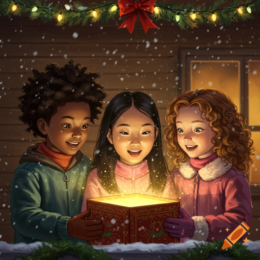 Three diverse children in winter clothing look with wide eyes at a glowing Christmas gift box on a snowy night with festive lights.