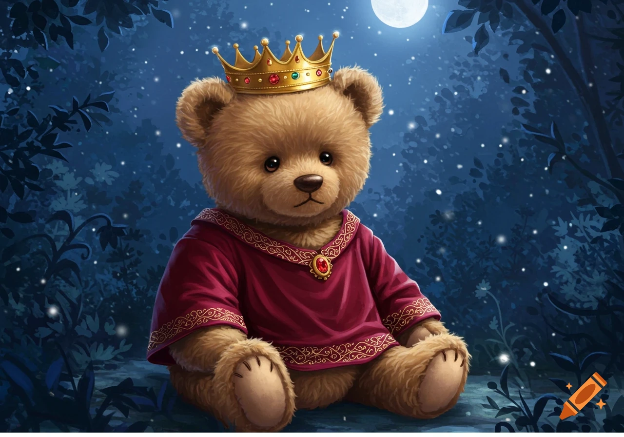 A cute teddy bear wearing a gold crown and a red tunic adorned with gold trim sits in a magical, dark forest under a full moon and twinkling stars.