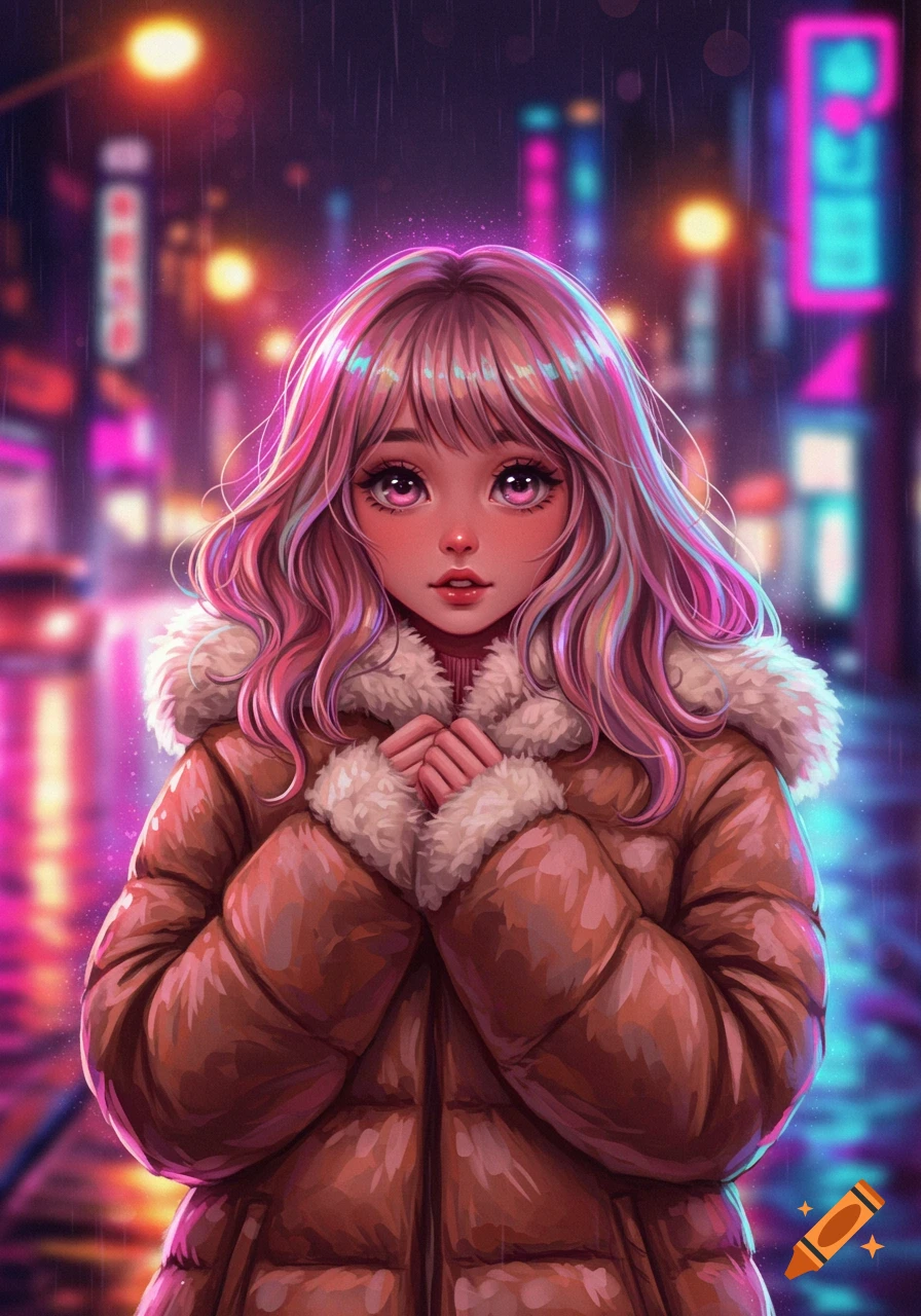 An anime girl with pink hair and big eyes, wearing a brown fluffy puffer coat, stands in a vibrant neon-lit city street at night.